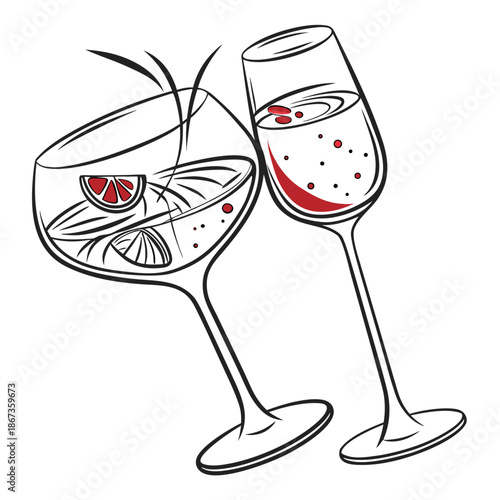 Wine and champagne glasses with a bottle for party celebration