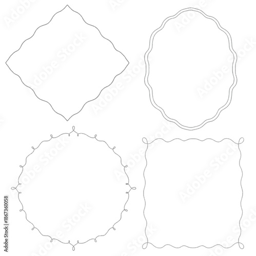 Hand-drawn thin decorative frames and wreaths in a coquette style. Delicate, whimsical line art for invitations, wedding stationery, romantic branding, quotes, labels, and feminine designs