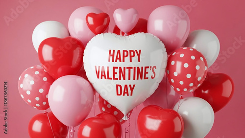 3D illustration of romantic pink heart shaped balloons floating on a pink background for a happy Valentine's Day celebration of love and romance