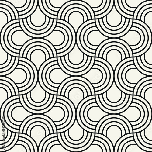 Vector seamless pattern. Stylish linear ornament with geometric arches. Regular monochrome texture featuring a grid of concentric semicircles. Basic essential surface design.