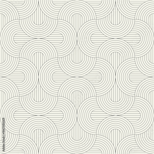 Vector seamless pattern. Stylish linear ornament with geometric arches. Regular monochrome texture featuring a grid of concentric semicircles. Basic essential surface design.