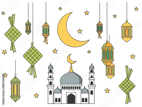 Illustration of mosque with crescent moon and lanterns hanging amidst stars