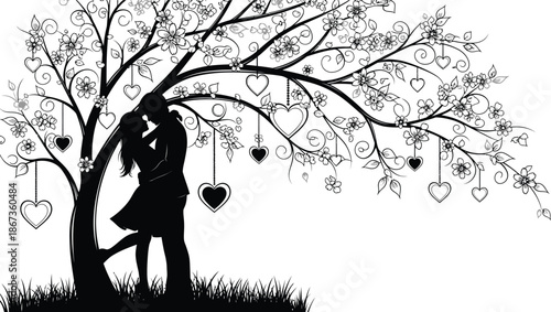 A romantic silhouette of a couple sharing a kiss under a heart filled tree