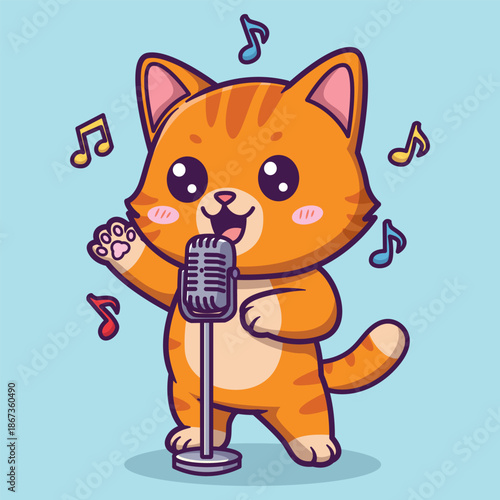 Cute Cartoon Orange Tabby Cat Singing into Vintage Microphone with Musical Notes Vector Illustration