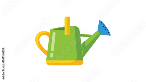 A simple green watering can with yellow accents and a blue sprinkler head, used for watering plants in gardens or homes.