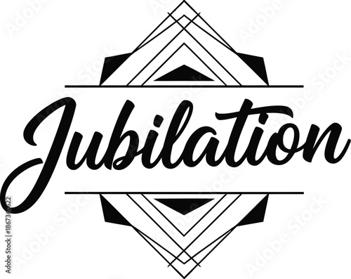 Vintage typographic vector of Jubilation wordmark decorative geometric emblem for branding packaging apparel posters labels marketing designs