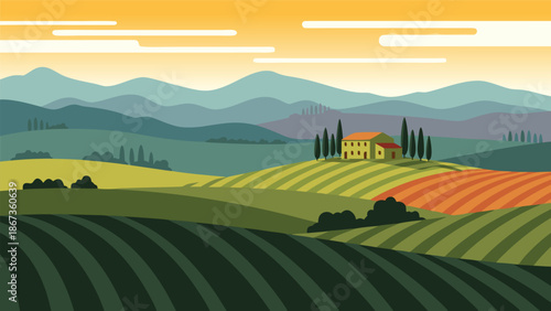 Serene Tuscan Landscape Vector Illustration Rolling Hills, Cypress Trees, and Farmhouse Under a Hazy Sky, Perfect for Travel and Rustic Lifestyle Themes