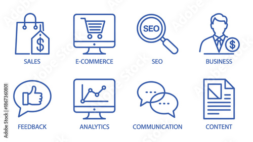 Set of eight blue marketing icons with titles sales ecommerce seo business feedback analytics communication and content on clean white background vector