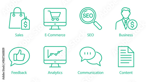 Set of vector outline icons depicting various aspects of business including sales e commerce seo business feedback analytics communication and content