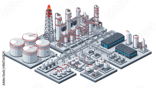 Vector illustration of an industrial oil refinery complex with towers, tanks, and pipes, representing energy production and manufacturing processes