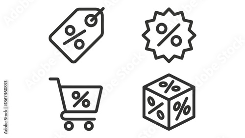Set of vector outline icons depicting sales discounts and promotions including a price tag a starburst a shopping cart and a cube