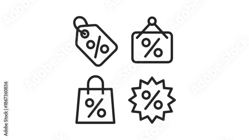 Set of vector outline icons depicting sales discounts and promotions including a price tag a hanging sign a shopping bag and a starburst