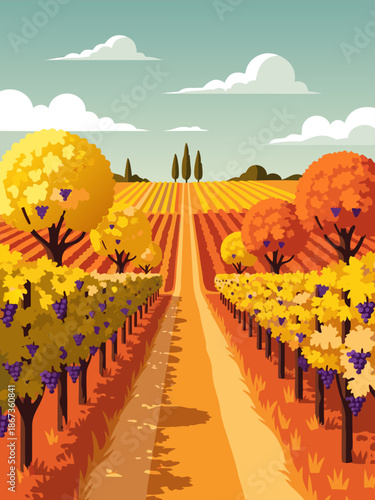 Beautiful autumn vineyard vector illustration, vibrant fall colors in rolling hills, perfect for harvest season and wine country themes
