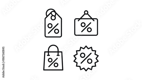 Set of vector outline icons depicting sales discounts and promotions including a price tag a hanging sign a shopping bag and a starburst