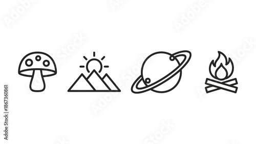 Minimalist nature space and outdoor adventures line icons set featuring a mushroom mountains sun saturn and a burning campfire on white background