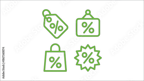 Set of four green linear discount icons featuring percentage symbols on price tags shopping bags and promotional stickers for retail sale events only