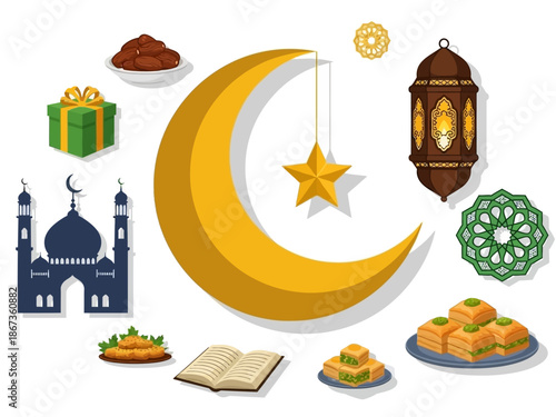 Celebrating Ramadan with Crescent Moon, Lanterns, and Traditional Delights