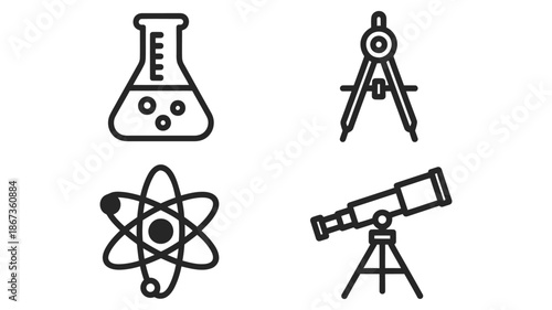 Scientific research icons set featuring laboratory flask compass tool atomic model and telescope symbol in black line art style on white background isolated