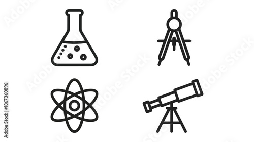 Minimalist black outline science icons pack with chemical beaker engineering compass atomic structure and astronomical telescope for academic projects