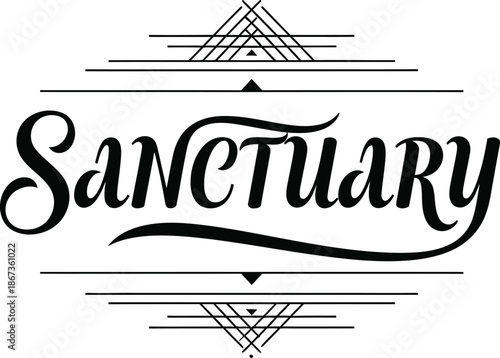 Vintage typographic vector of Sanctuary wordmark decorative geometric emblem for branding packaging apparel posters labels marketing designs