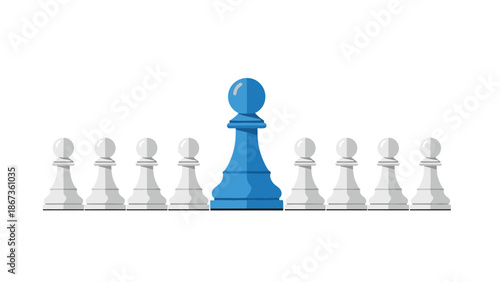 A blue chess pawn stands out amongst a line of white pawns, representing individuality, leadership, or a unique strategy.