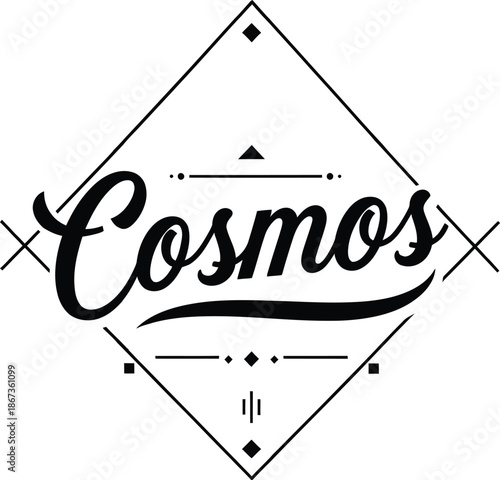 Vintage typographic vector of Cosmos wordmark decorative geometric emblem for branding packaging apparel posters labels marketing designs