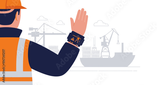 Port worker using smart technology for safety and operational efficiency on shipping docks