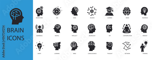 brain set icons outline and Flat Style,transparent background
