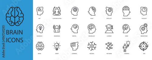 brain set icons outline and Flat Style,transparent background
