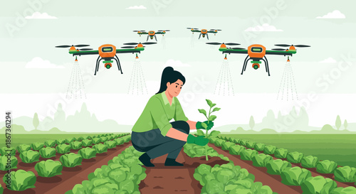 Precision agriculture illustration featuring a farmer planting while drones spray crops on a field