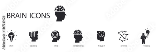 brain set icons outline and Flat Style,transparent background