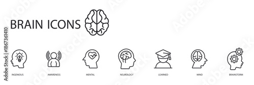 brain set icons outline and Flat Style,transparent background