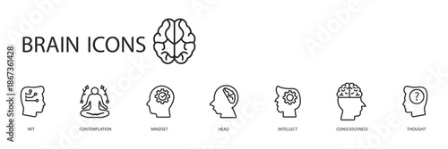 brain set icons outline and Flat Style,transparent background