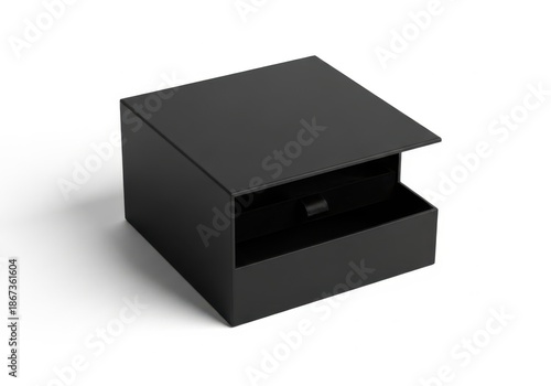 A simple black open box with a lid slightly ajar isolated on white background