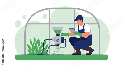 Precision Farming in Modern Greenhouse, Agronomist Monitoring Automated Fertilizer System