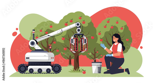 Robotic apple harvester working alongside human in orchard for automated farming tasks