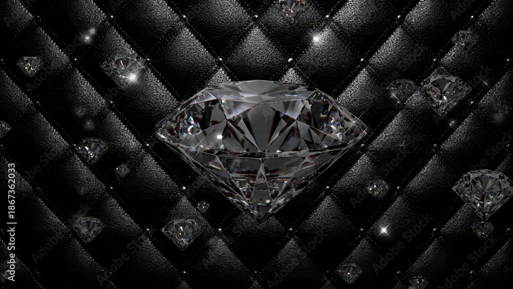 Obraz premium Large dazzling diamond centered on luxurious black tufted background. Concept of wealth, glamour, jewelry, and exclusive luxury design.