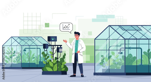 Scientist monitoring plant growth and data in a modern greenhouse, advanced agriculture and