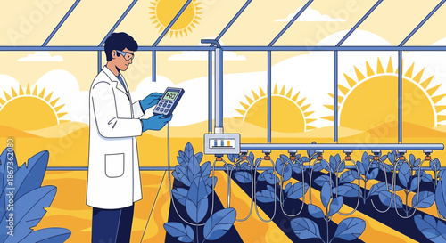 Scientist monitoring plant growth in a modern greenhouse with advanced irrigation system and sunny