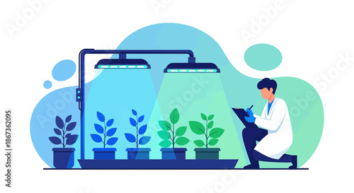 Scientist studying growth of plants under controlled lighting in a laboratory environment