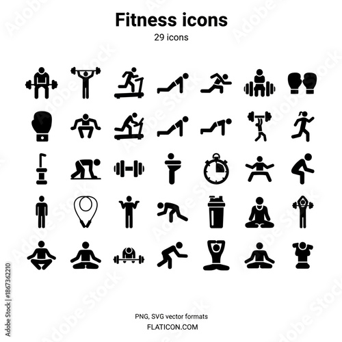 Set of black vector icons representing people work business and fitness activities