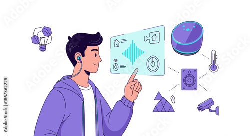 Smart Home Automation System Interface controlled by a young man with modern technology devices