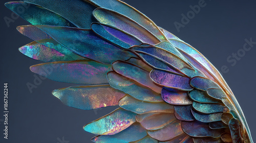 A close-up view of a vibrant iridescent wing sculpture against a dark background