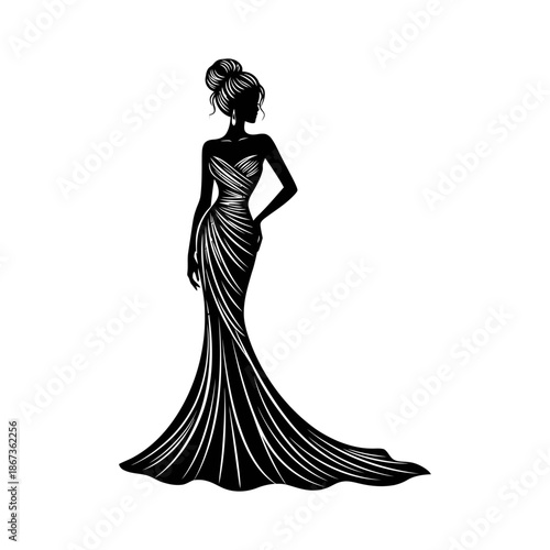 Silhouette of a woman in an elegant white dress posing gracefully