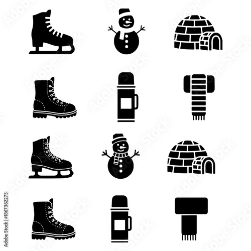 winter concept Scaf snow shoe, igloo, snow man silhouette pack