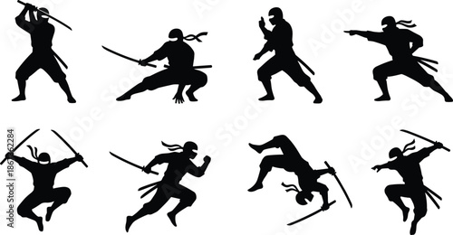 Ninja warrior silhouettes in dynamic martial arts combat poses with swords, showcasing stealth, agility, strength, traditional fighting techniques, and dramatic action movement concept