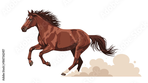 A powerful brown horse gallops dynamically through a cloud of dust, capturing motion, freedom, and the wild spirit of a powerful animal.