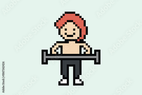 Cartoon 8 bit man with muscle strength weight training physical exercise gym dumbbell bodybuilder pixel art vector cute background.