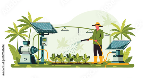 Sustainable agriculture practices illustration with solar powered irrigation system and farmer