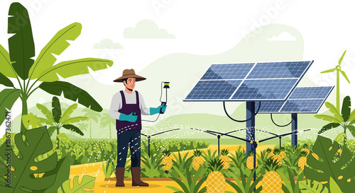 Sustainable agriculture: A farmer utilizes solar energy to irrigate his pineapple field efficiently
